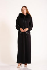 Yakası Kürklü Deri Garnili Uzun Elbise