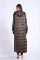 Kapitone Detaylı Kapşonlu Uzun Yelek