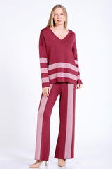 Çizgili Triko Kazak-Pantolon Takım