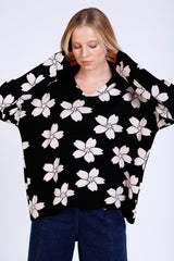 Çiçek Desenli Taş Süslemeli Triko Kazak