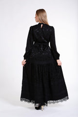 Dantel Detaylı Jakarlı Kumaş Uzun Elbise