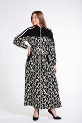 Önü Fermuar Detaylı Desenli Uzun Elbise