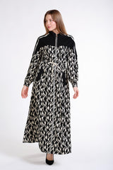 Önü Fermuar Detaylı Desenli Uzun Elbise