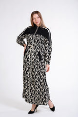 Önü Fermuar Detaylı Desenli Uzun Elbise