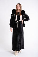 Yakası Tilki Kürklü Lazer Desenli Ve Biye Detaylı Kadife Mont