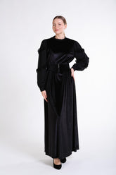 Kollları Şifon Fırfırlı Uzun Kadife Elbise