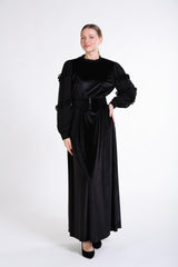 Kollları Şifon Fırfırlı Uzun Kadife Elbise