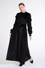 Kollları Şifon Fırfırlı Uzun Kadife Elbise