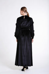 Kollları Şifon Fırfırlı Uzun Kadife Elbise