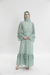 Küçük Çiçek Desenli Fırfır Detaylı Uzun Elbise