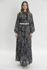 Kemerli Ve Desenli Şifon Uzun Elbise