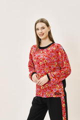 Спереди с рисунком, однотонная ткань сзади, блузка с круглым вырезом и длинными рукавами